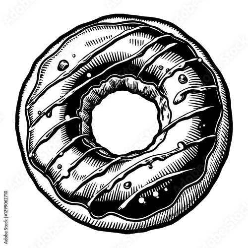 Doughnut with Chocolate Glaze Top View Black and White Outline Line Art Drawing Style