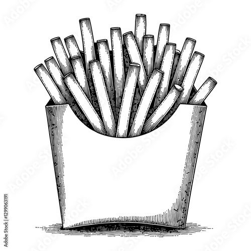 Detailed French Fries in Paper Package Black and White Outline Line Art Drawing