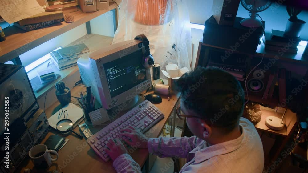 High angle view of young male IT specialist writing code in obsolete programming language on retro computer while sitting at wooden desk in small room