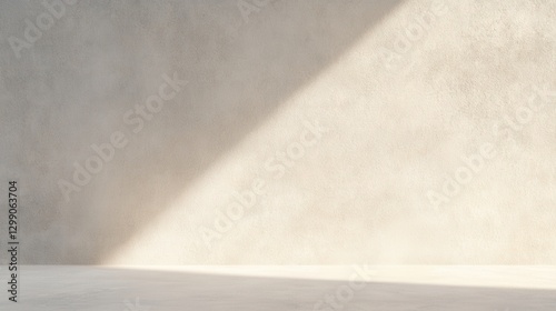 A naturally bright room features smooth walls and floor, with a strong ray of sunshine indoors