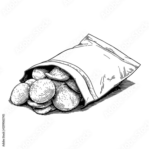 Potato Chips Falling Out Blank Plastic Bag in Black and White Outline Line Art Drawing