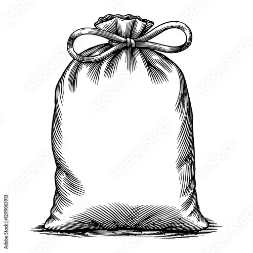Potpourri Bag with Blank Label in Detailed Black and White Outline Line Art Drawing Style