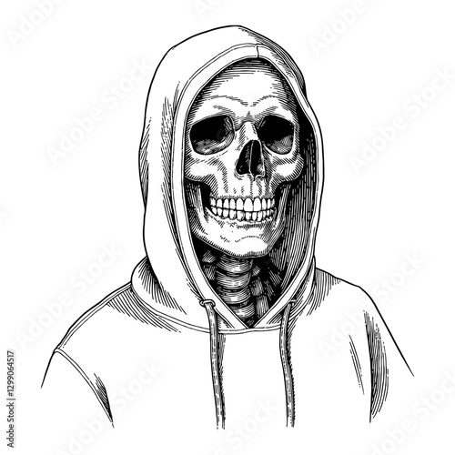 Skeleton Head with Hoodie Portrait Detailed Black and White Outline Line Art Drawing