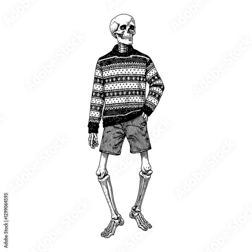 Skeleton with Sweater and Shorts Detailed Black and White Outline Line Art Drawing