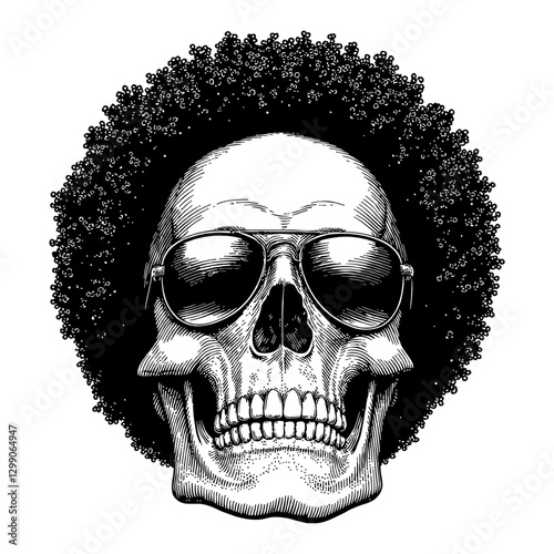 Skull with Afro Hairstyle and Retro Sunglasses Black and White Outline Line Art Drawing 