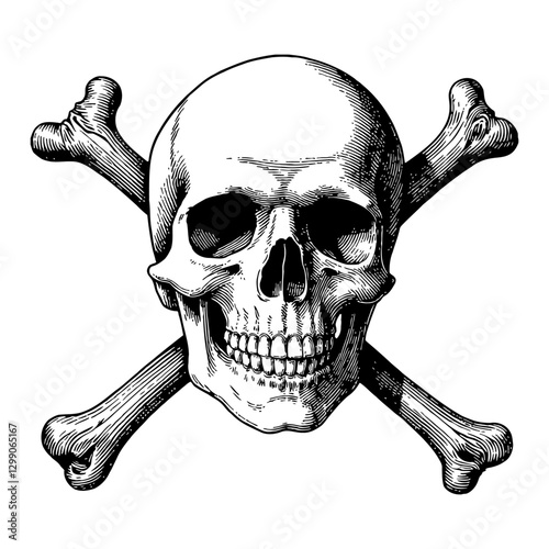 Skull and Crossbones Pirate Sign in Black and White Outline Line Art Drawing Style