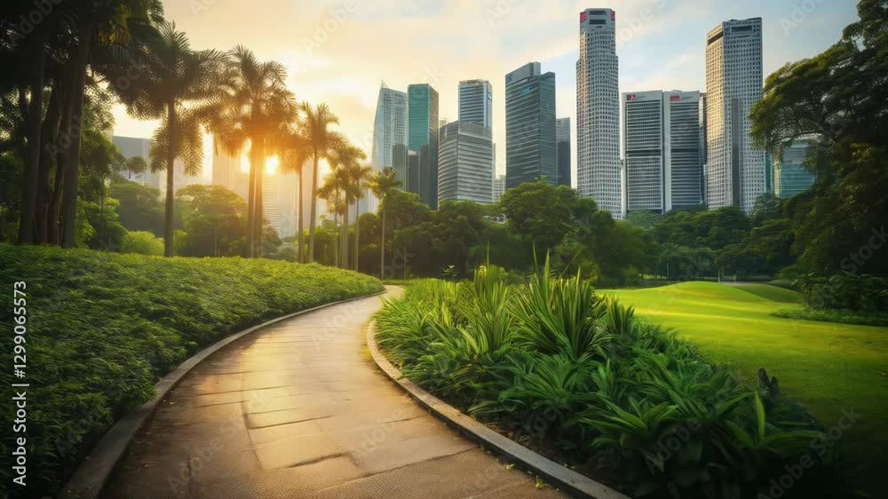 Urban Oasis: Serene Park Path at Sunrise with City Skyline Urban Oasis: Serene Park Path at Sunrise with City Skyline