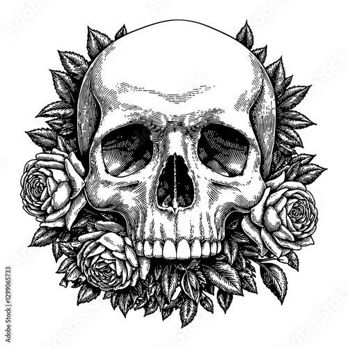 Detailed Skull with Roses Overgrowth Black and White Grave Floral Outline Line Art Drawing