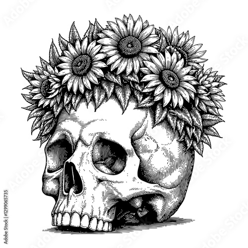 Skull with Sunflower Overgrowth Detail Black and White Outline Line Art Drawing with Engraving Style