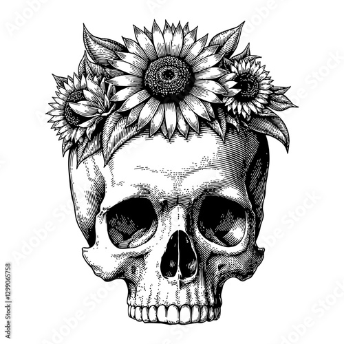 Skull with Sunflowers Overgrowth Detailed Black and White Outline Line Art Drawing