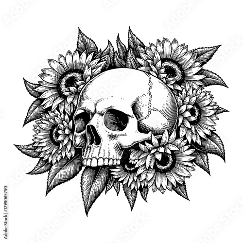 Skull and Sunflowers Overgrowth Detailed Black and White Outline Line Art Drawing Isolated