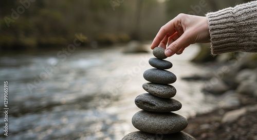 A person carefully stacking smooth stones near a flowing river, symbolizing balance and mindfulness.