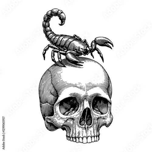 Scorpion on Top of Skull Detailed Engraving Black and White Outline Line Art Drawing