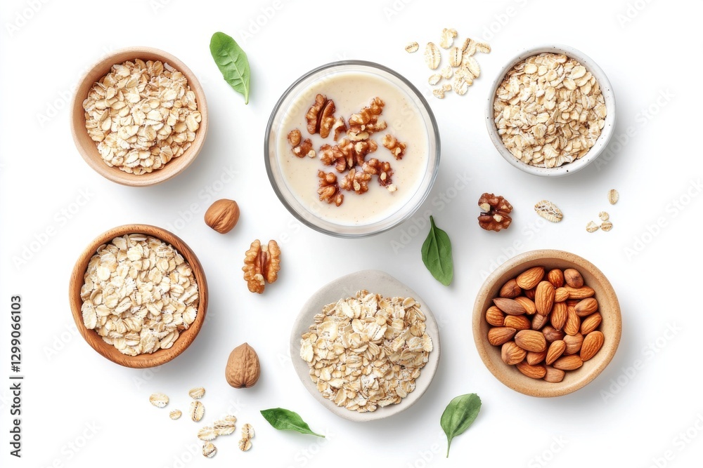 plant-based milk Nuts and oats arranged in bowls with leaves, showcasing healthy ingredients for a nutritious meal. plant-based milk Nuts and oats arranged in bowls with leaves, showcasing healthy ingredients for a nutritious meal.