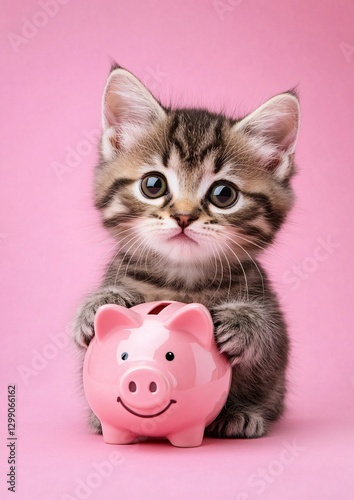 Adorable Kitten and Pink Piggy Bank on Pink Background - Financial Education Concept for Kids - Pet Savings Account Promotion Image