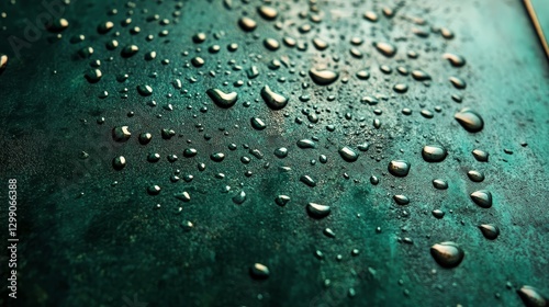 Emerald Dew Drops: A Macro Study of Water on a Dark Green Surface