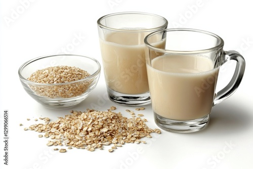 plant-based milk Oat milk in glasses with oats in a bowl, showcasing a healthy plant-based beverage.