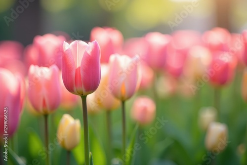 Blending pastel hues, blooming tulips, tranquil spring scene, color, gradient, serene