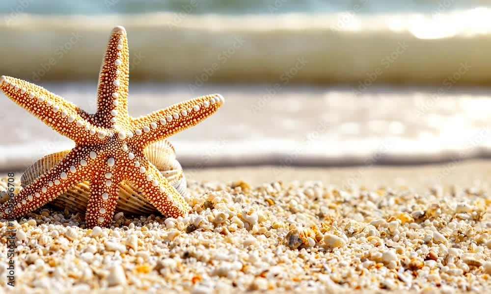 Starfish resting on shells at sandy beach with ocean waves blurred in background, evoking calmness Starfish resting on shells at sandy beach with ocean waves blurred in background, evoking calmness