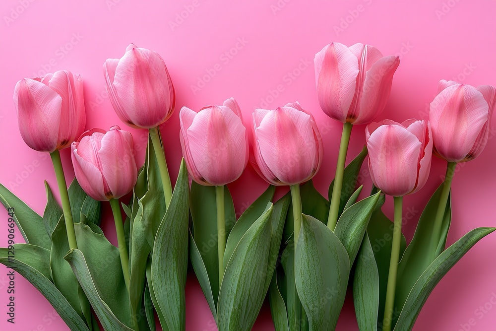 Fototapeta premium Lovely arrangement of springtime flowers. Pink tulip blossoms in a bouquet against a pastel pink backdrop. Happy Women's Day, Mother's Day, Valentine's Day, Easter, and birthday. Generative Ai