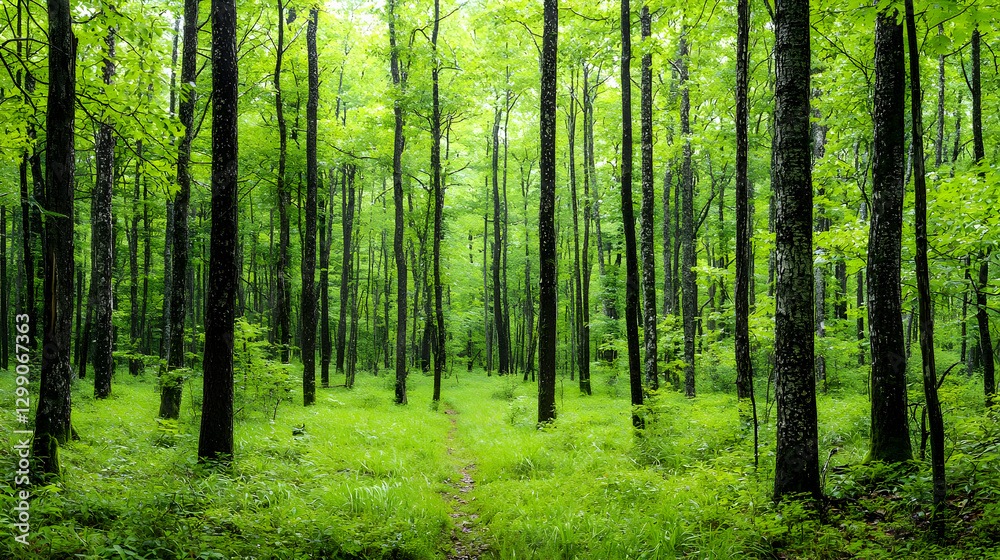 Lush Green Forest With Tall Trees And Sunlight Filtering Through Creating A Serene Nature Landscape Lush Green Forest With Tall Trees And Sunlight Filtering Through Creating A Serene Nature Landscape