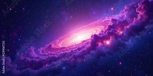 Swirling purple gas clouds in a distant starry expanse, galaxy, galaxies