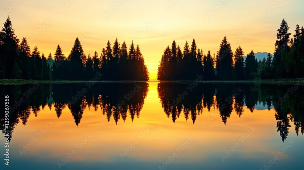 Fototapeta premium Tranquil Lake Sunrise With Silhouetted Pine Trees