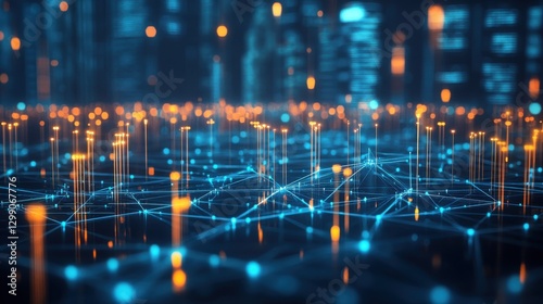 abstract innovative cyber security network, using interconnected nodes to represent business partnerships on the Smart digital Innovation city with connection network reciprocity over the smart city