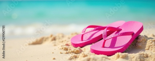 Pair of bright pink flip-flops on a sandy beach , shore, sunny, closeup