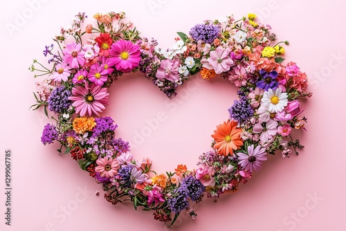 Fresh, vibrant flowers encircle a heart on a background of pastel pink. Layouts with copy space are creative. weddings, Valentine's Day, or romantic fashion trends. Generative Ai