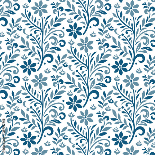 seamless blue floral pattern with intricate botanical elements for luxurious bedsheets and elegant pillow covers

