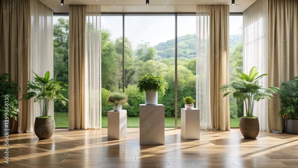 Fototapeta premium Serene Indoor Oasis Featuring Lush Greenery and Floor-to-Ceiling Windows Offering a Tranquil View