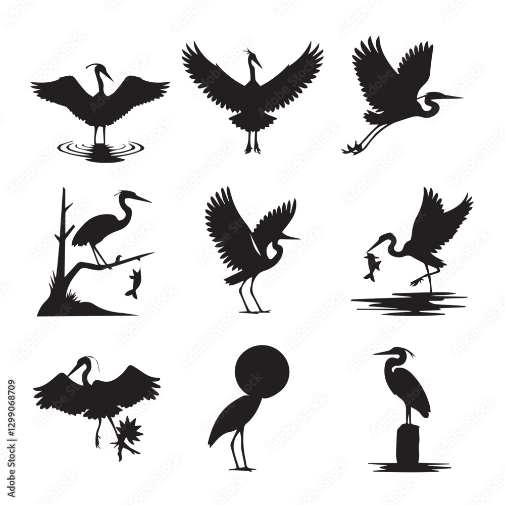 Obraz premium Pigeons Flying Silhouettes 4 Flamingo silhouette set vector design big pack of bird illustration and icon Birds Silhouette Collection
