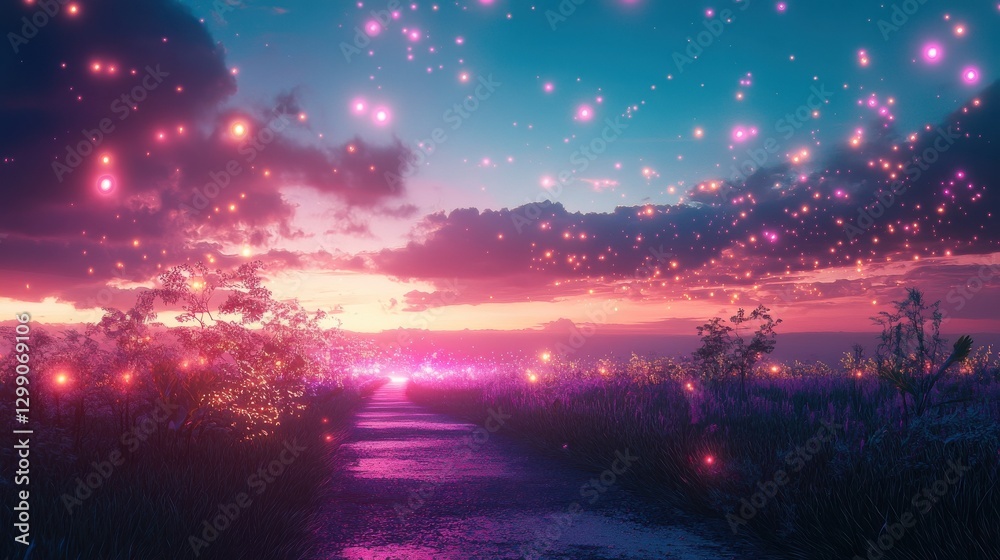 Fototapeta premium A futuristic digital landscape with glowing lights and a vibrant pathway set against a twilight sky, blending nature and technology.