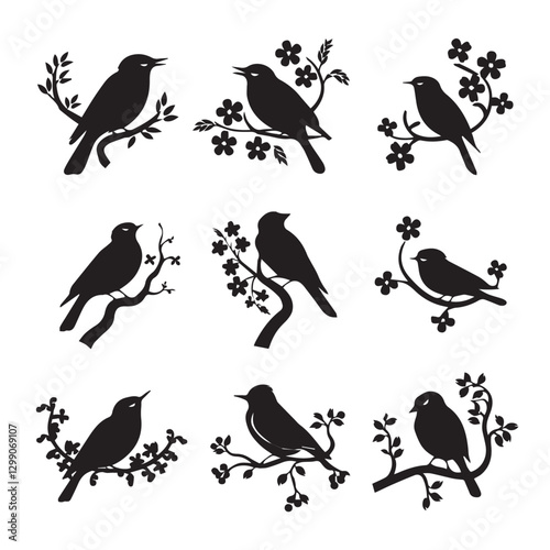 Vector set of sparrow silhouettes. Birds silhouettes collection Sparrow Silhouette 