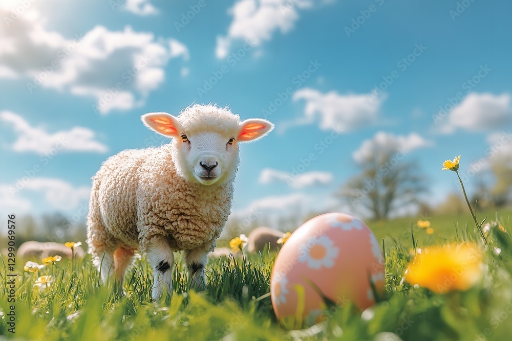 Fototapeta premium Springtime bliss with fluffy sheep grazing next to an Easter egg in a bright meadow. Generative Ai