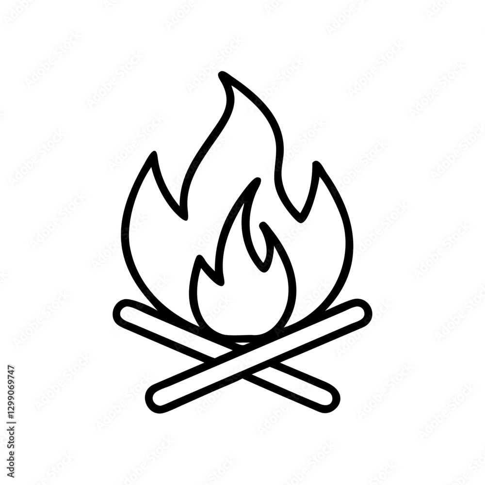 Campfire icon with flames and logs, symbolizes warmth and outdoor fun, black outline, modern design Campfire icon with flames and logs, symbolizes warmth and outdoor fun, black outline, modern design