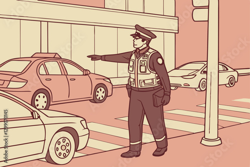 Traffic Officer Directing Cars at Busy Urban Intersection: Street Safety and Law Enforcement in Action