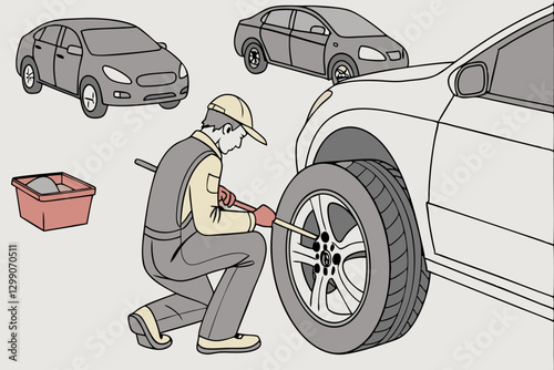 Car Mechanic Changing Tire on a Modern Vehicle in an Auto Repair Shop Illustration