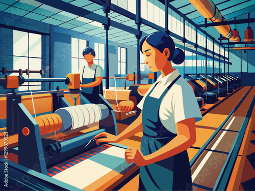 Modern Textile Factory: Skilled Workers Operating Machinery in a Contemporary Production Facility"