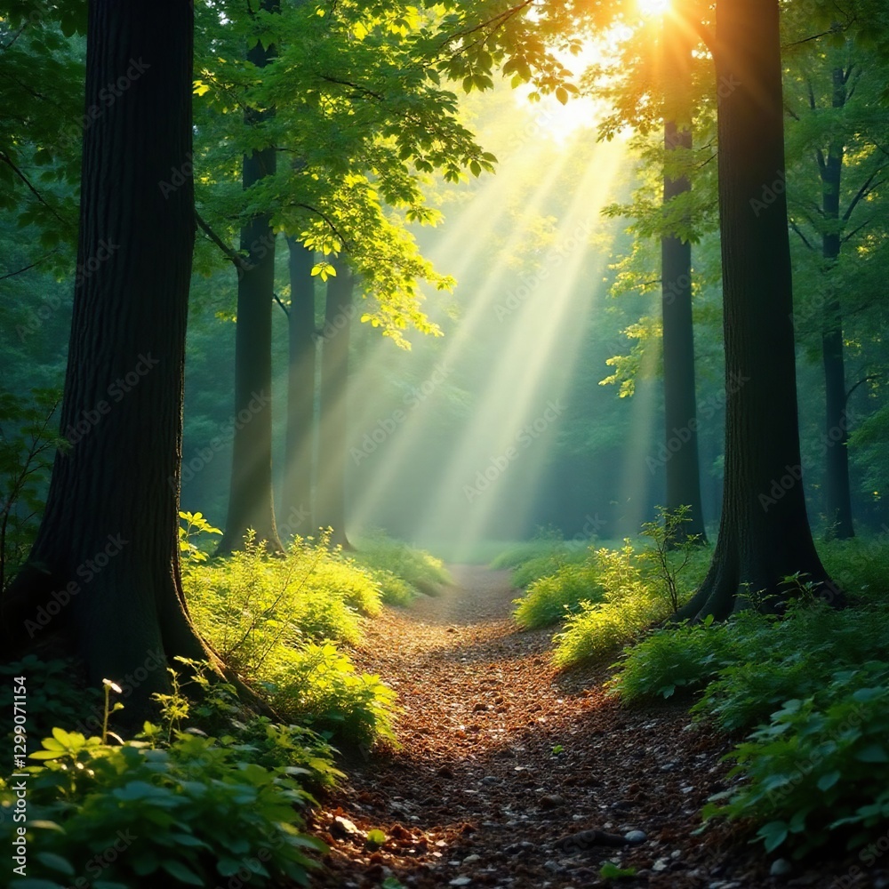 Obraz premium Sunlight casts dappled shadows on the forest floor as light filters through, foliage, trees
