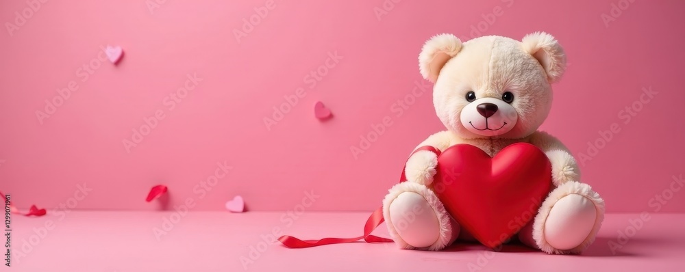 Obraz premium Adorable teddy bear, heart gift box, pink background Valentine's Day , fluffy, affection, box