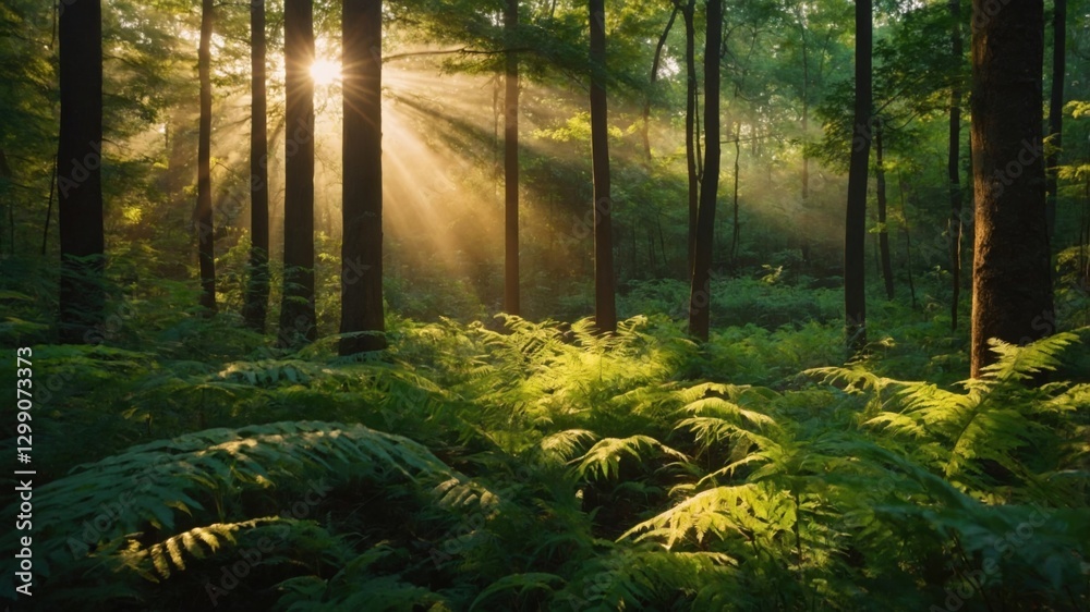 Fototapeta premium Sunlight breaks through the canopy of tall trees in a lush forest, creating stunning rays of light. Ferns and foliage contribute to the serene atmosphere, enhancing the beauty of nature.