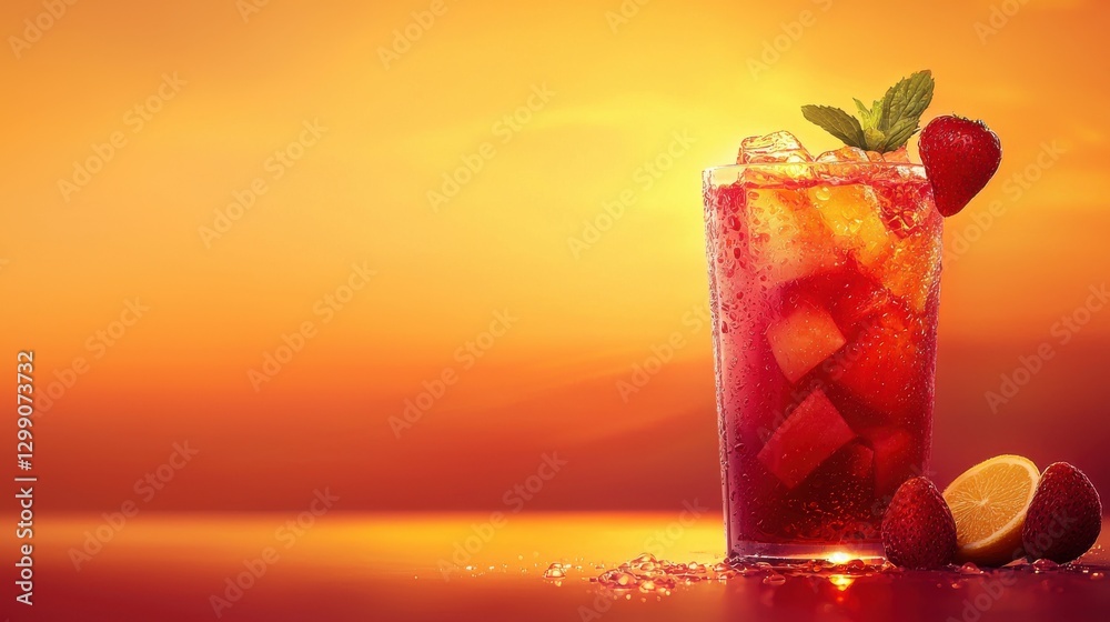Vibrant Summer Cocktail with Fresh Strawberries and Mint Garnish Against a Sunset Backdrop Vibrant Summer Cocktail with Fresh Strawberries and Mint Garnish Against a Sunset Backdrop