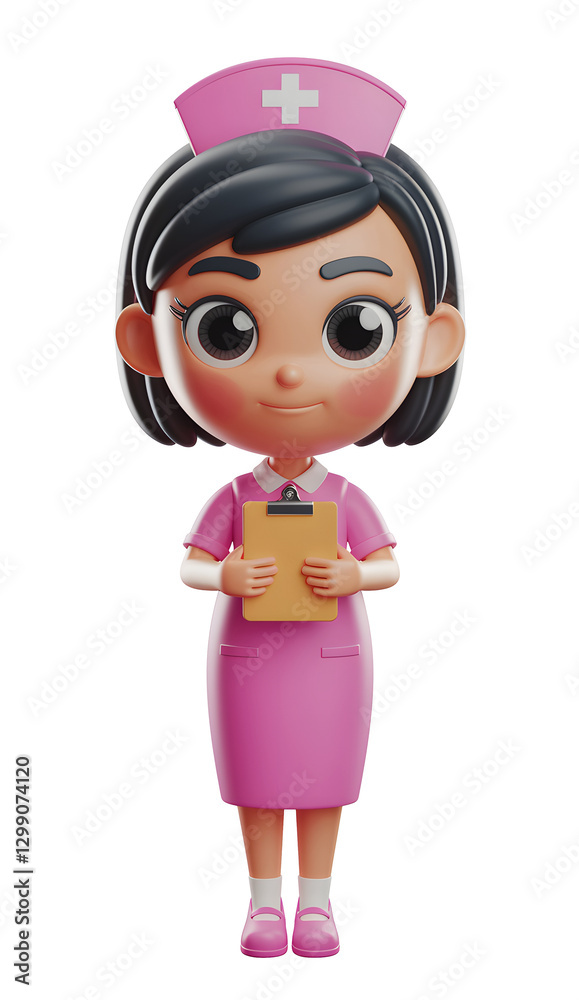 3D Cartoon Female Nurse Character in Pink Uniform Holding Clipboard, Full-Body Cute Medical Professional with Big Round Eyes and Friendly Expression, Adorable Healthcare Worker Isolated on White 3D Cartoon Female Nurse Character in Pink Uniform Holding Clipboard, Full-Body Cute Medical Professional with Big Round Eyes and Friendly Expression, Adorable Healthcare Worker Isolated on White