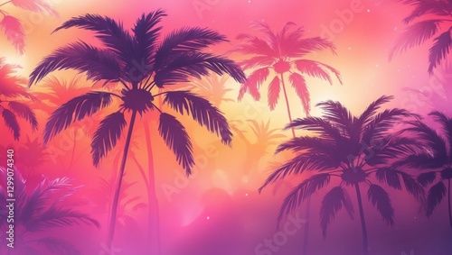 A stunning sunset casts vibrant colors over a tropical scene filled with palm trees. The selective focus emphasizes the lush silhouettes against a dreamy, blurred background, evoking relaxation.