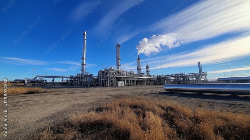 An expansive oil refinery complex with multiple pipes and tanks, glowing under a bright blue sky. The industrial energy plants are efficiently extracting crude oil and generating p An expansive oil refinery complex with multiple pipes and tanks, glowing under a bright blue sky. The industrial energy plants are efficiently extracting crude oil and generating p