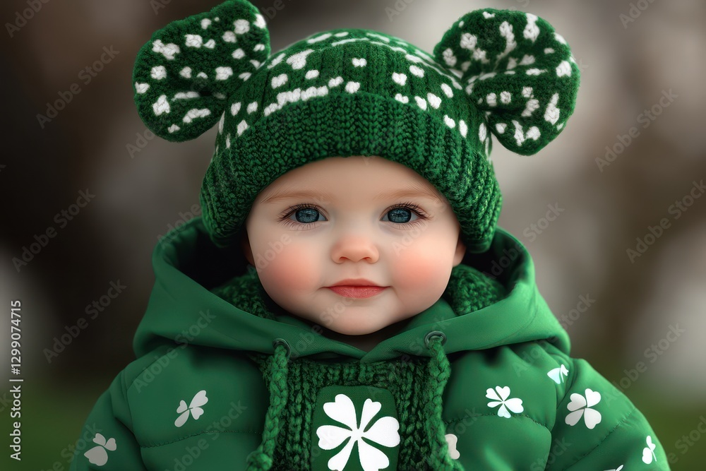 A joyful baby dressed in a green outfit with shamrocks enjoys St. Patrick's Day celebrations, radiating happiness and charm in a festive atmosphere A joyful baby dressed in a green outfit with shamrocks enjoys St. Patrick's Day celebrations, radiating happiness and charm in a festive atmosphere