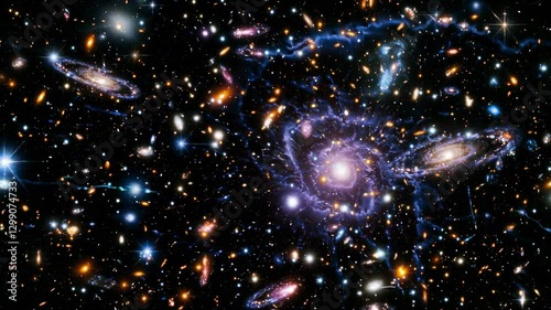 A mesmerizing video still of a galaxy cluster with a wide-angle view, showcasing vibrant stars and galaxies against a deep space backdrop.