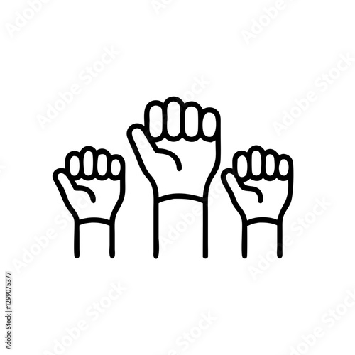 Fists raised in solidarity, symbolizing unity and strength, black outline, modern design